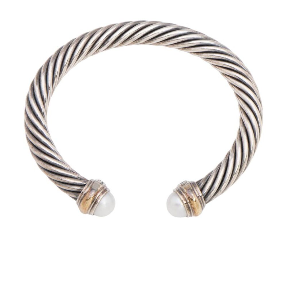 David Yurman Sterling Silver 14k Gold Pearl Cable Classics 7mm Cuff - Picture 2 of 3